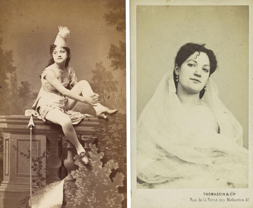 Left: Portrait of “Andrieux” by Gaston & Matthieu, 1872. Bibliothèque National de France. Image mine. Right: “Clémence” (actress?), by Thomassin & Cie. Musée Carnavalet (source).