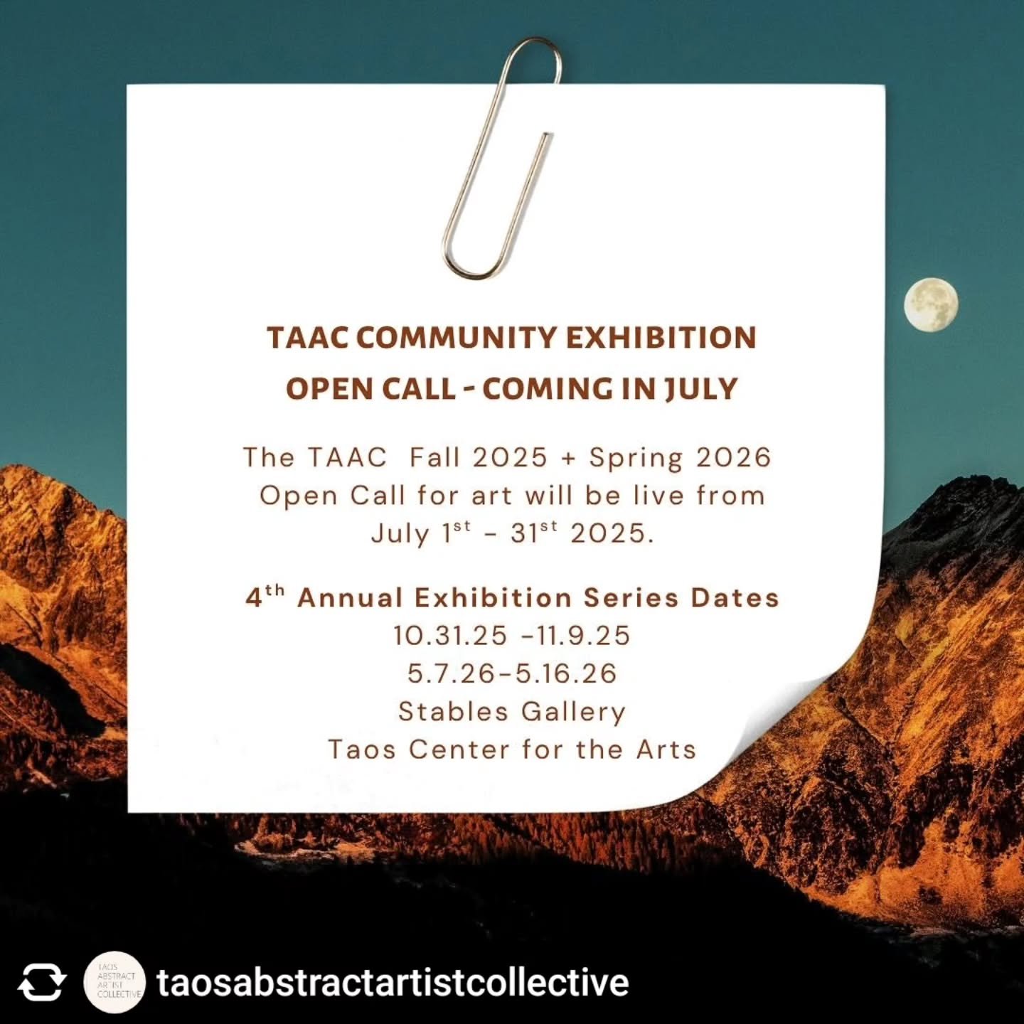 Reposted &bull; @taosabstractartistcollective ⚡️💎Mark your calendars and get your submissions ready! The TAAC community exhibition open call for our 4th Annual series will launch July 1st 2025 on CaFe. * Stay tuned through our social media and subsc