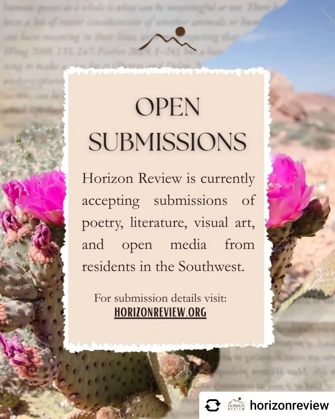 Reposted • @horizonreview We are currently accepting submissions for the first issue of Horizon Review – a new literary magazine serving the Southwest (New Mexico, Arizona, Colorado, Nevada, Oklahoma, Texas, and Utah)!
We accept literatur