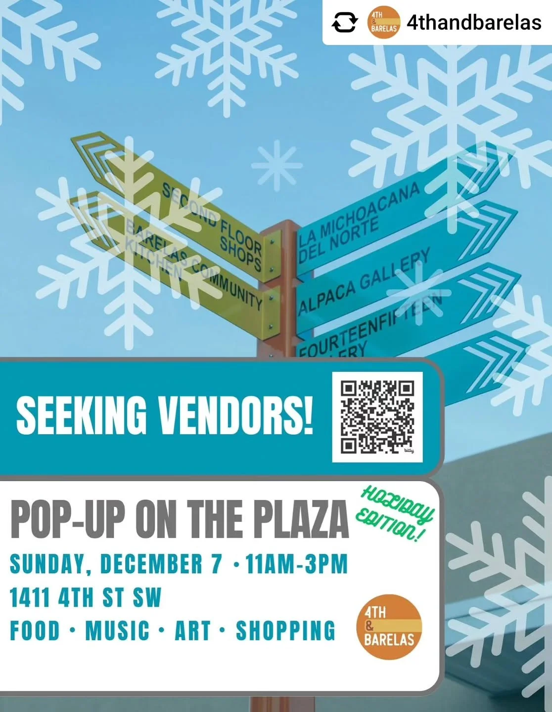#popupontheplaza • @4thandbarelas Save the date 📅 for our holiday edition Pop-Up on the Plaza taking place on Sunday, December 7th on the Barelas Community Kitchen Plaza! We’re celebrating the season with local vendors, festive vibes, and