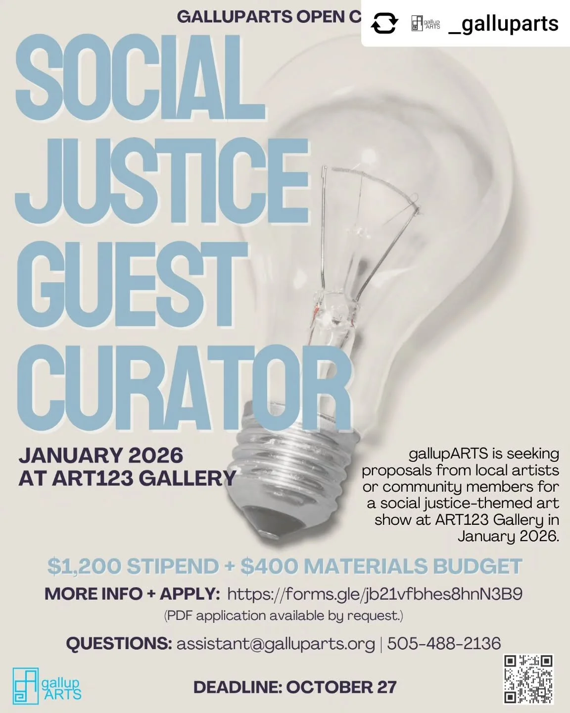 Reposted • @_galluparts Calling all artists and community members! gallupARTS is seeking proposals for the next Social Justice Guest Curator Show!
https://forms.gle/FuPCa7jUEQot3ZVp8
Deadline: October 27
#nmcreativenetwork #CallToArtists