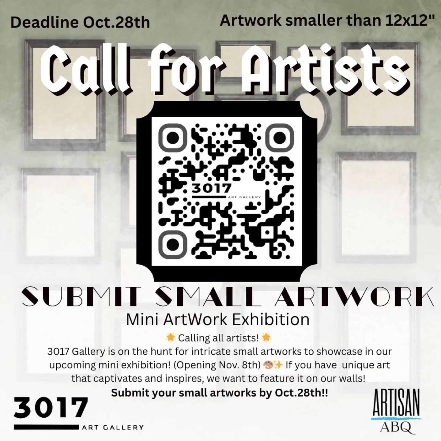 Reposted • @3017gallery 🎨✨ Attention artists! 3017 Gallery is seeking small artworks to adorn our walls! 🖼️ We’re looking for pieces no larger than 12x12” to create a stunning display. 📅 Submit your work by October 28th, ensuring