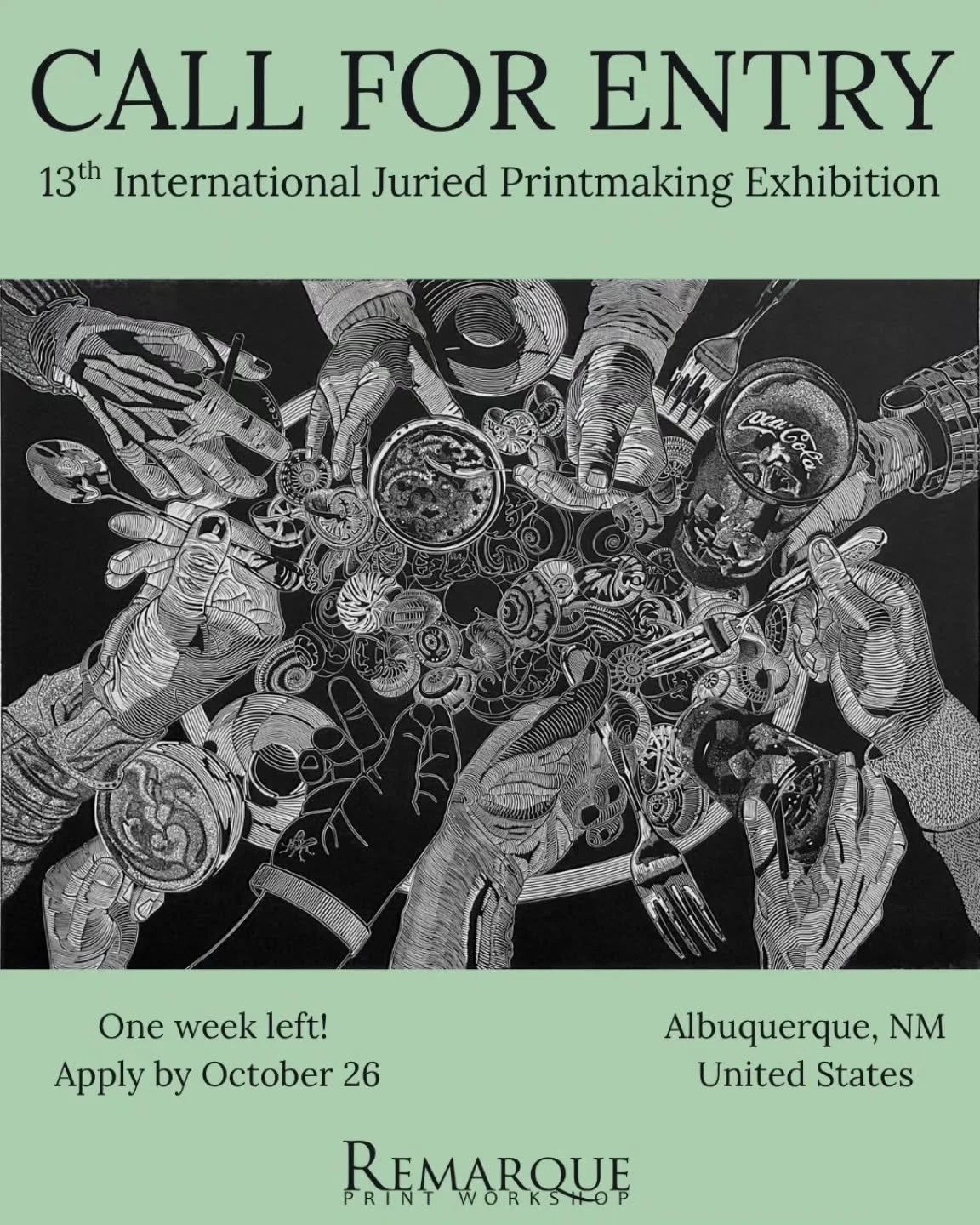 Repost • @remarqueprintworkshop One week left to enter!
Remarque Print Workshop & Gallery invites printmakers from around the world to submit work for our 13th Annual International Juried Print Exhibition to be held at Remarque from Decembe