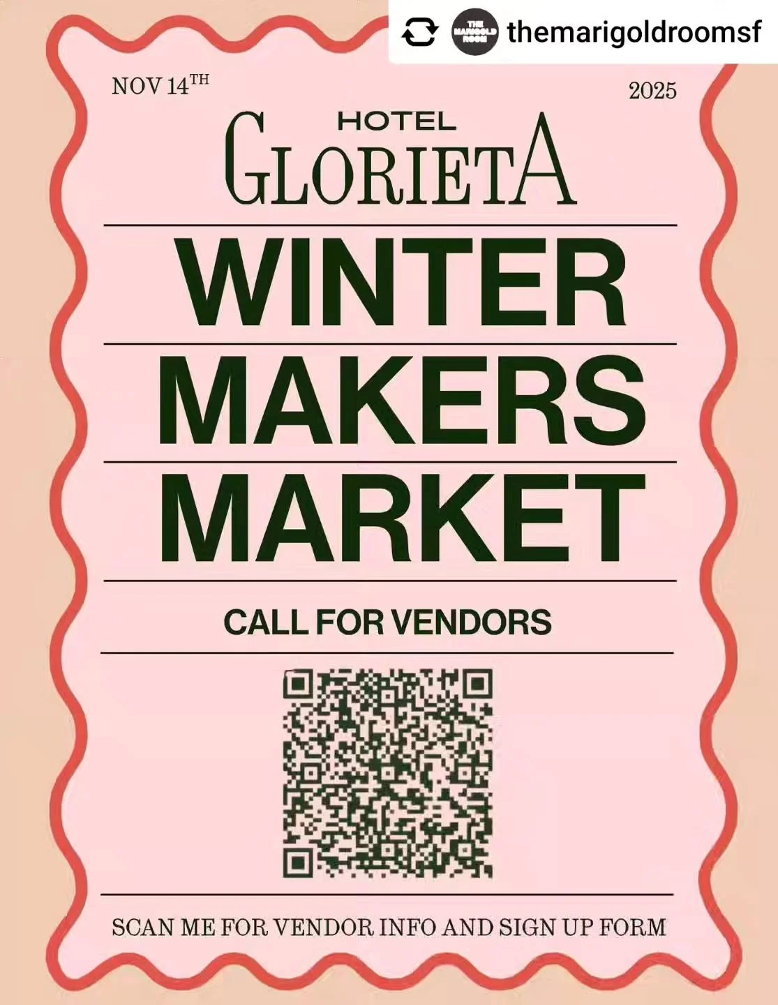 Reposted • @themarigoldroomsf AND BY NOV 14th WE REALLY MEAN:
***DECEMBER 14th*** 
☎️ ring ring ☎️
Calling all makers for our *FIRST* winter market over at Hotel Glorieta Dec14th! Let’s fill up our ballroom and share the goods! 
Sign up