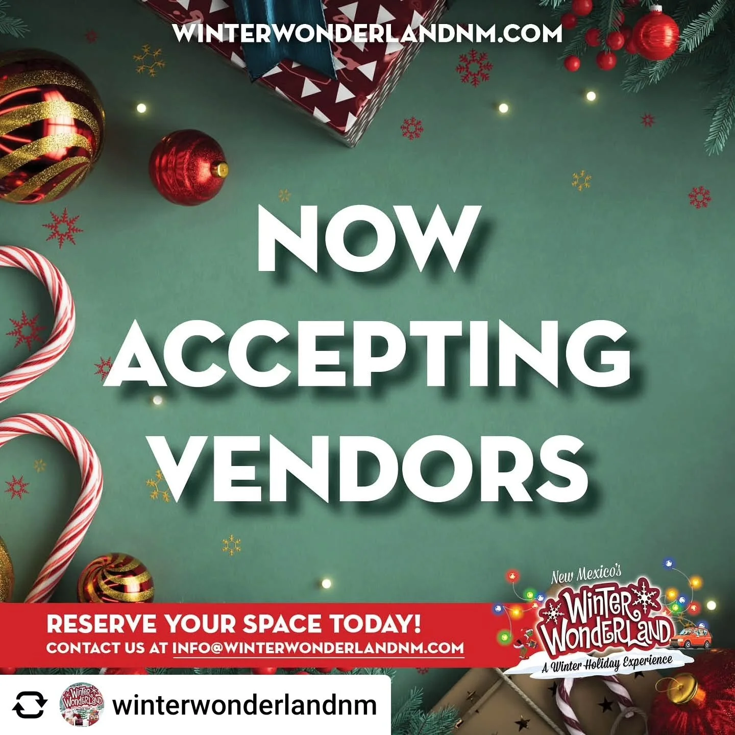 Repost • @winterwonderlandnm ✨ Winter Wonderland NM 2025 – Now Accepting Vendors! ✨
.
Bring your products, your passion, and your holiday cheer! Winter Wonderland NM invites local businesses, makers, and artisans to be a part of a beloved