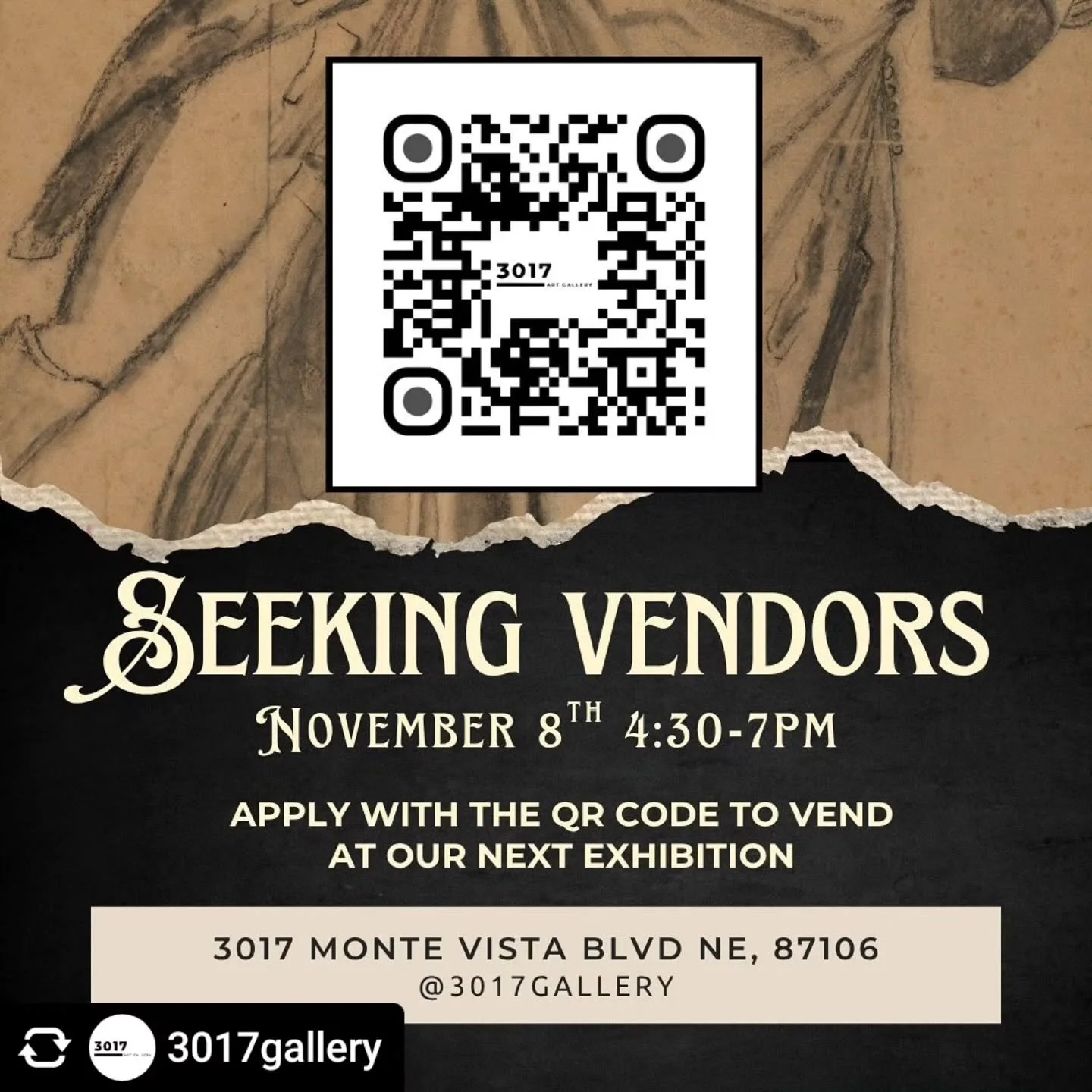 Reposted • @3017gallery Let’s party!!! Apply with the QR code to vend with us at our next art exhibition! November 8th 4:30-7pm. #art#gallery#vendors#community#creative#create#artspace#culture#nobhill#albuquerque#newmexico #nmcreativenetwo