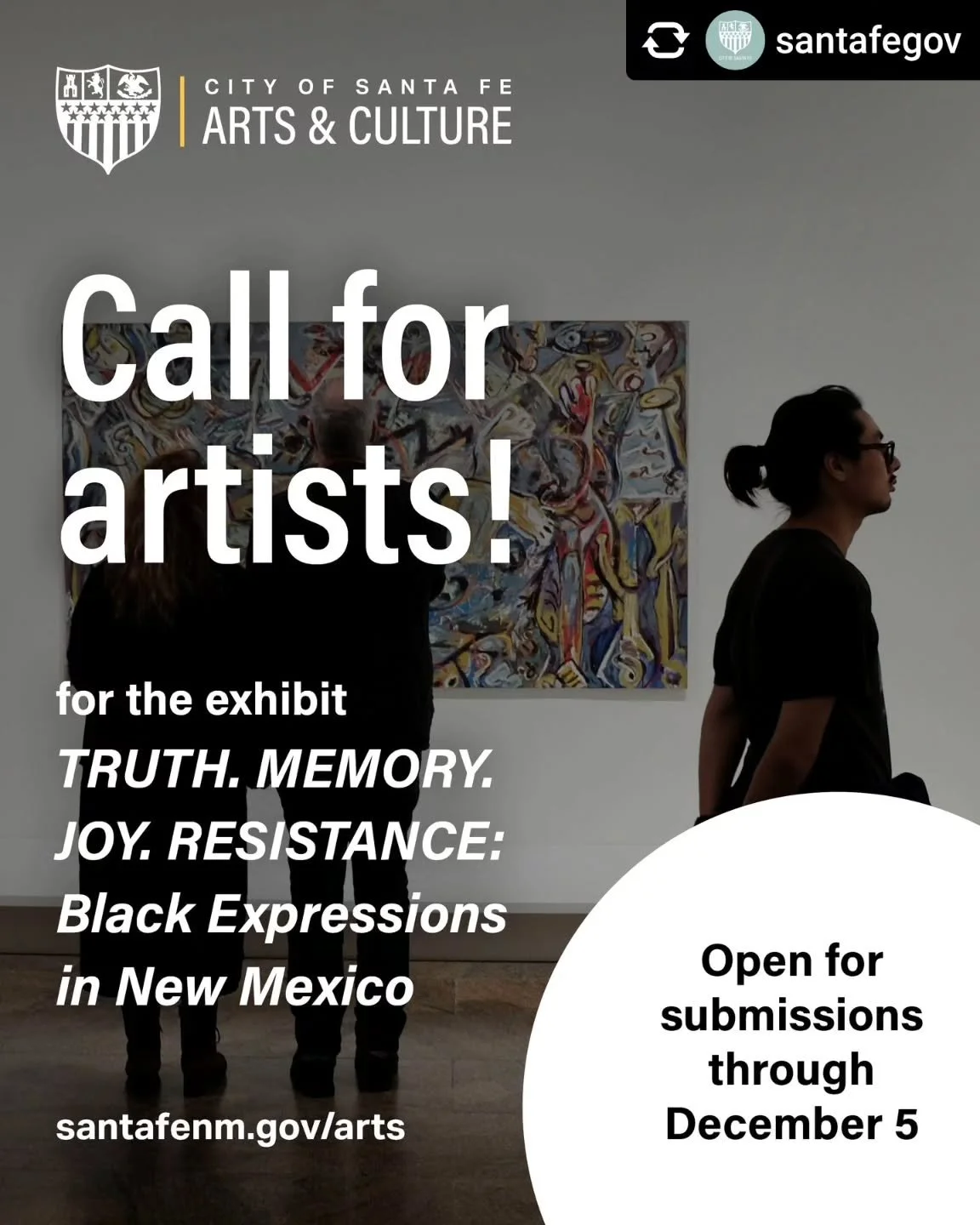 Repost &bull; @santafegov 🎨 Artists Apply This Week!

The Community Gallery invites Black artists from across New Mexico to submit work for TRUTH. MEMORY. JOY. RESISTANCE: Black Expressions in New Mexico ✊🏾✨

🖌️ Open to all career stages
📅 Exhibi