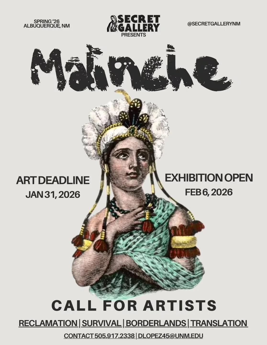 Repost &bull; @traditional.much CALL TO ARTISTS:
Secret Gallery invites Chicana, Indigenous, and Latina artists to participate in an exhibition exploring the cultural &amp; historical significance of La Malinche. To question and reclaim her story. 
C