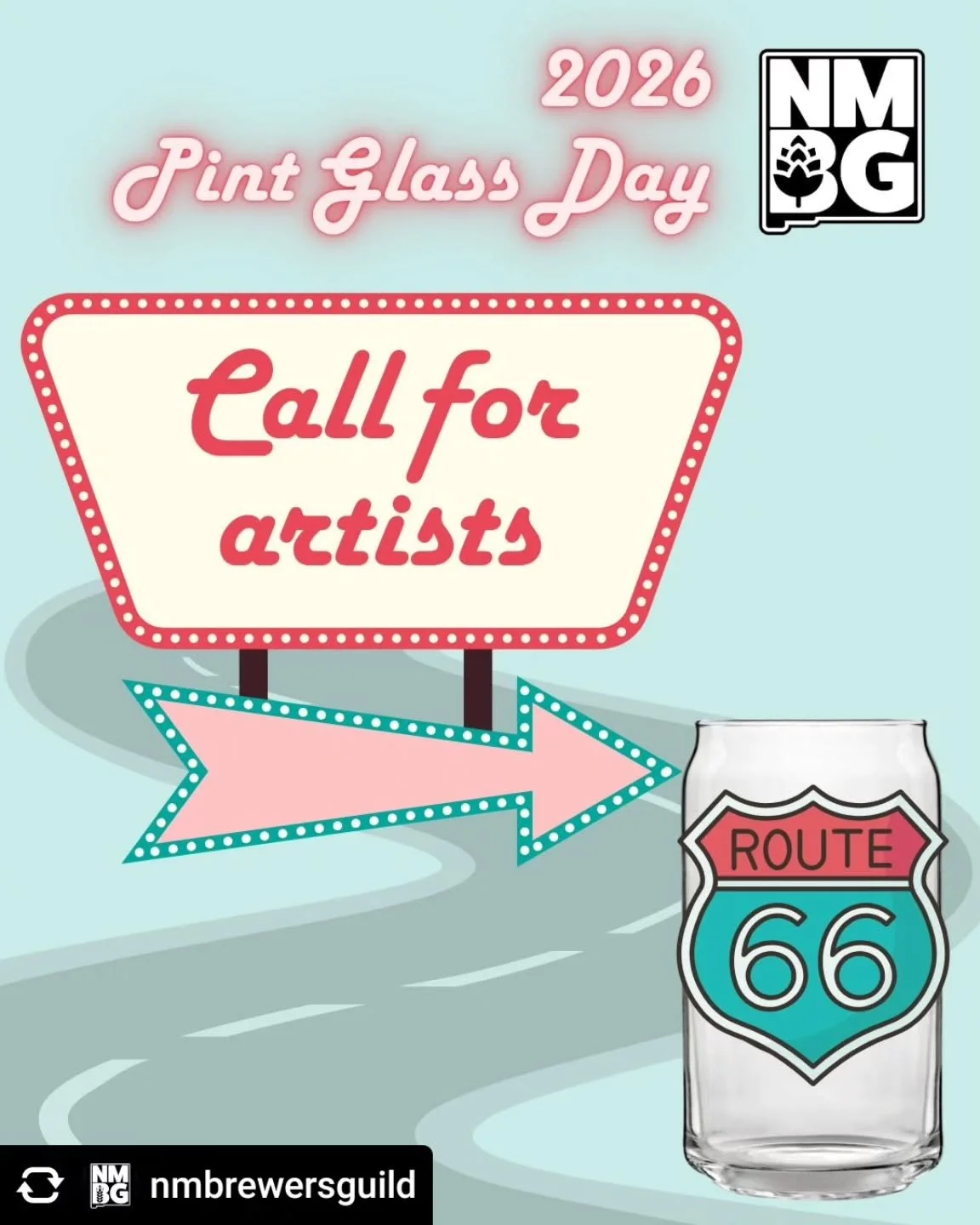 Repost &bull; @nmbrewersguild Calling all artists! The New Mexico Brewers Guild is gearing up for this year&rsquo;s Pint Glass Day, and we want your artwork to shine.
This year&rsquo;s theme? Route 66 &mdash; the Mother Road, the neon glow, the rolli