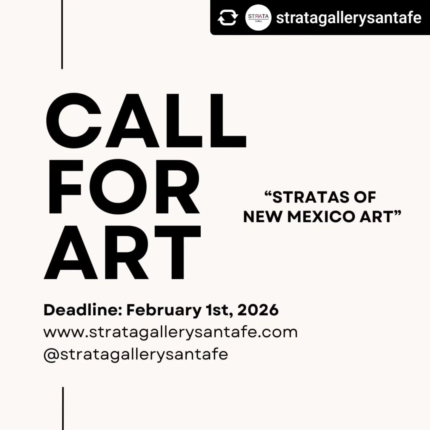 Repost &bull; @stratagallerysantafe Apply Today! Link in bio.

Strata Gallery invites submissions for Stratas of New Mexico Art 2026, an exhibition honoring the expansive creative vision of artists living and working in New Mexico. This exhibition se