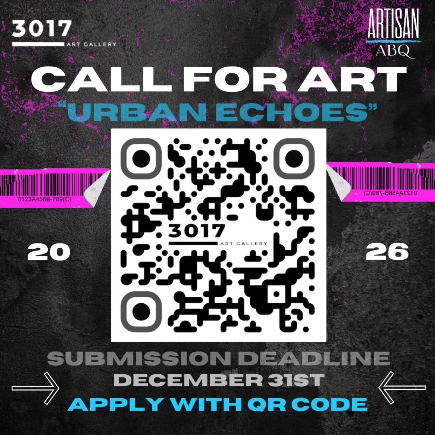 Repost &bull; @3017gallery ✨🎨🏙️Calling all artists: 3017 Gallery is seeking artwork for &ldquo;Urban Echoes.&rdquo; Submit by Dec 31 &mdash; show opens Jan 10. Submit your art using the QR code or follow the link in our bio!! Become a featured arti