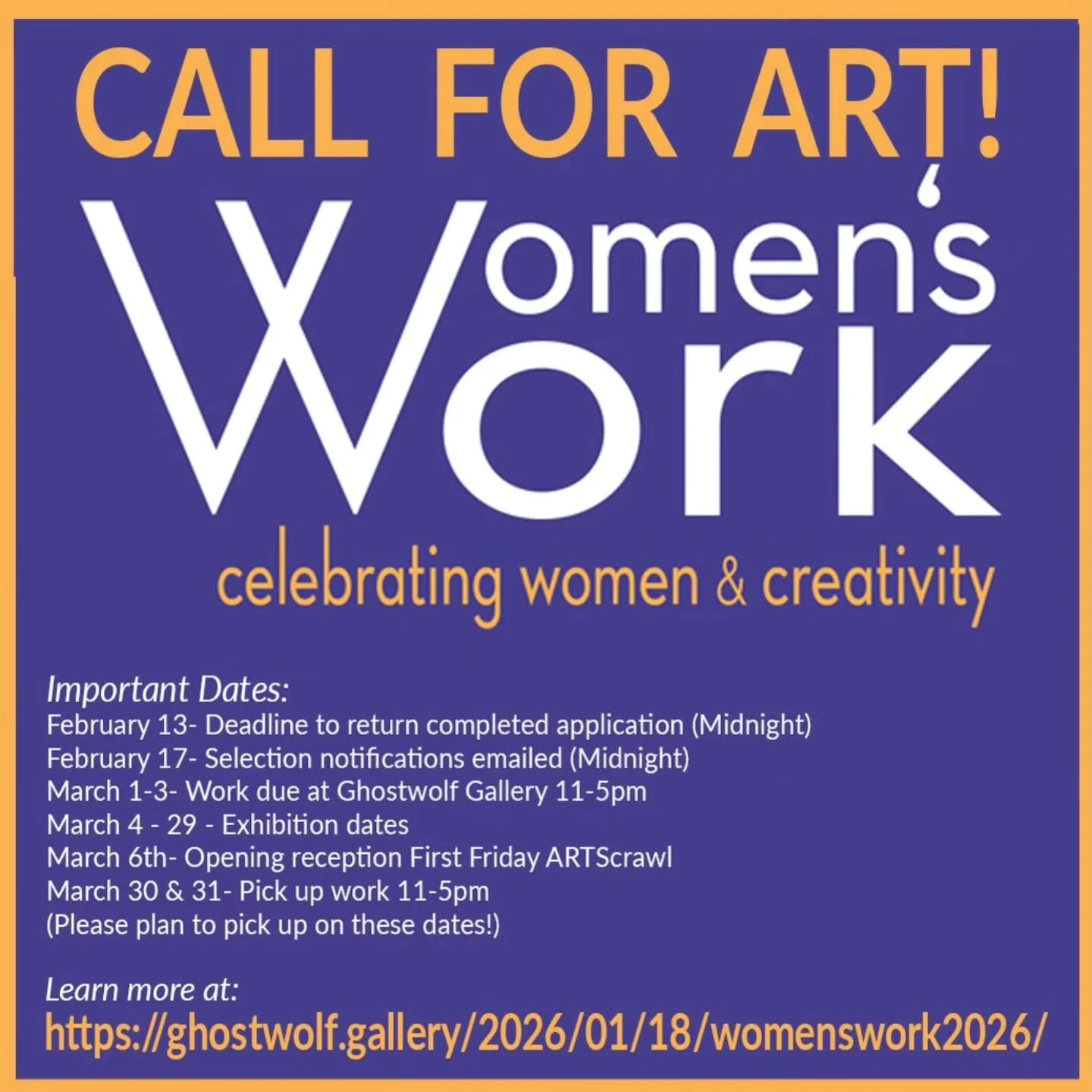 Repost &bull; @ghostwolf_gallery Here we go! Ghostwolf invites local women to submit for our eighth annual Women&rsquo;s Work exhibition! We know you&rsquo;ve been busy. We know you&rsquo;ve got a lot to say! Let&rsquo;s make this the best one yet. S