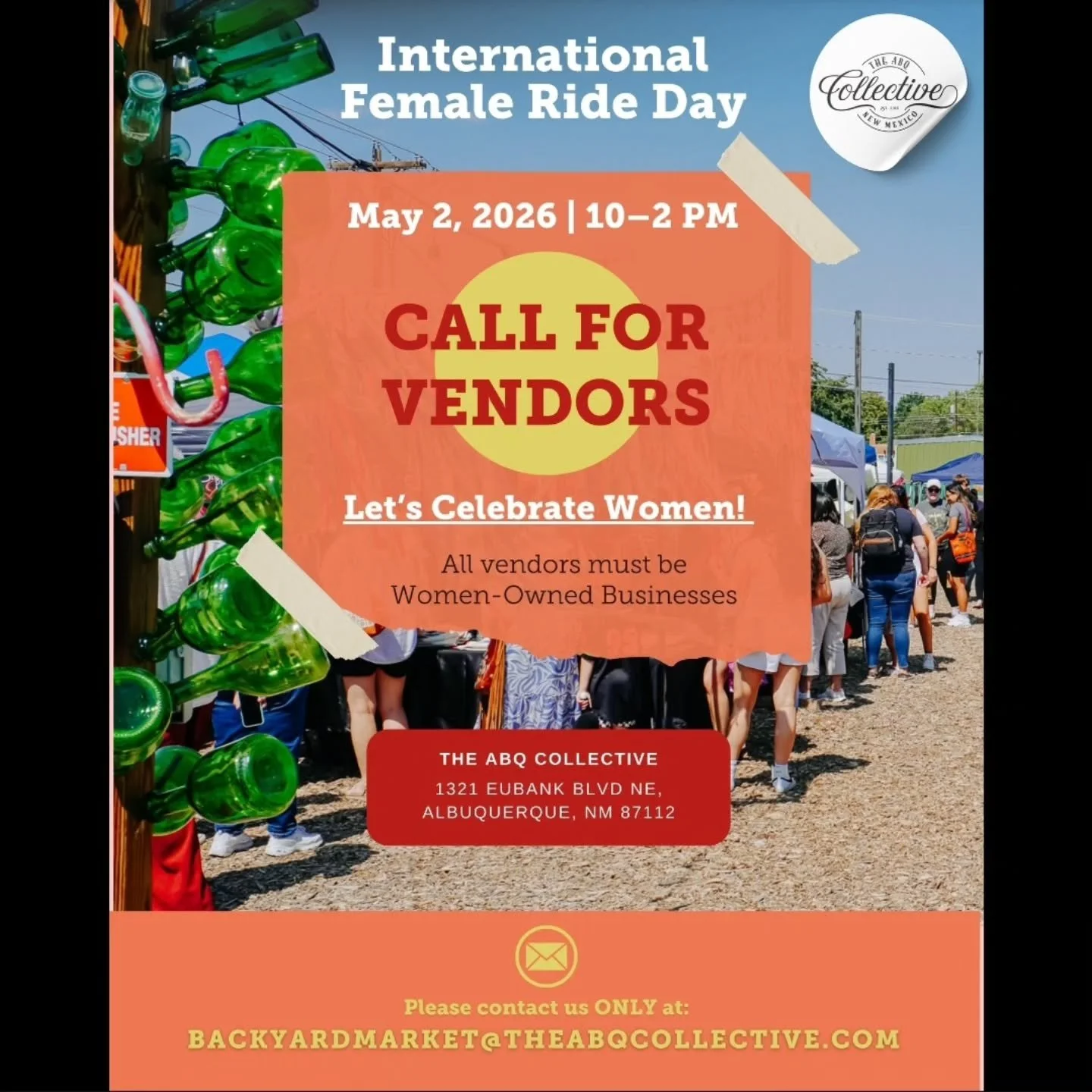Repost &bull; @theabqcollective ✨🏍️ Vendor Call &ndash; International Female Ride Day 2026 🏍️✨
📅 May 2, 2026 | 10 AM &ndash; 2 PM
📍 ABQ Collective Backyard

Let&rsquo;s Celebrate Women! 💛
We are now accepting vendors for this special event honor