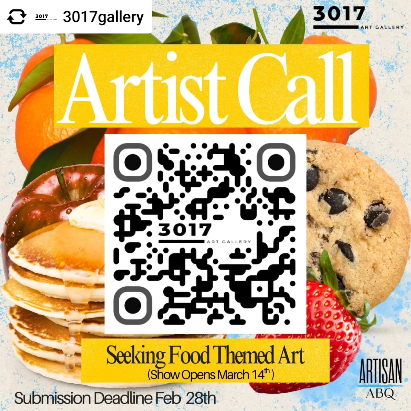 Repost &bull; @3017gallery 🍽️🎨✨New Mexico artists &mdash; got a tasty idea? We want to see what you&rsquo;re cooking! Submit your food‑themed art to our gallery show opening March 14th.  We want your creative takes to make this a delicious show! Al