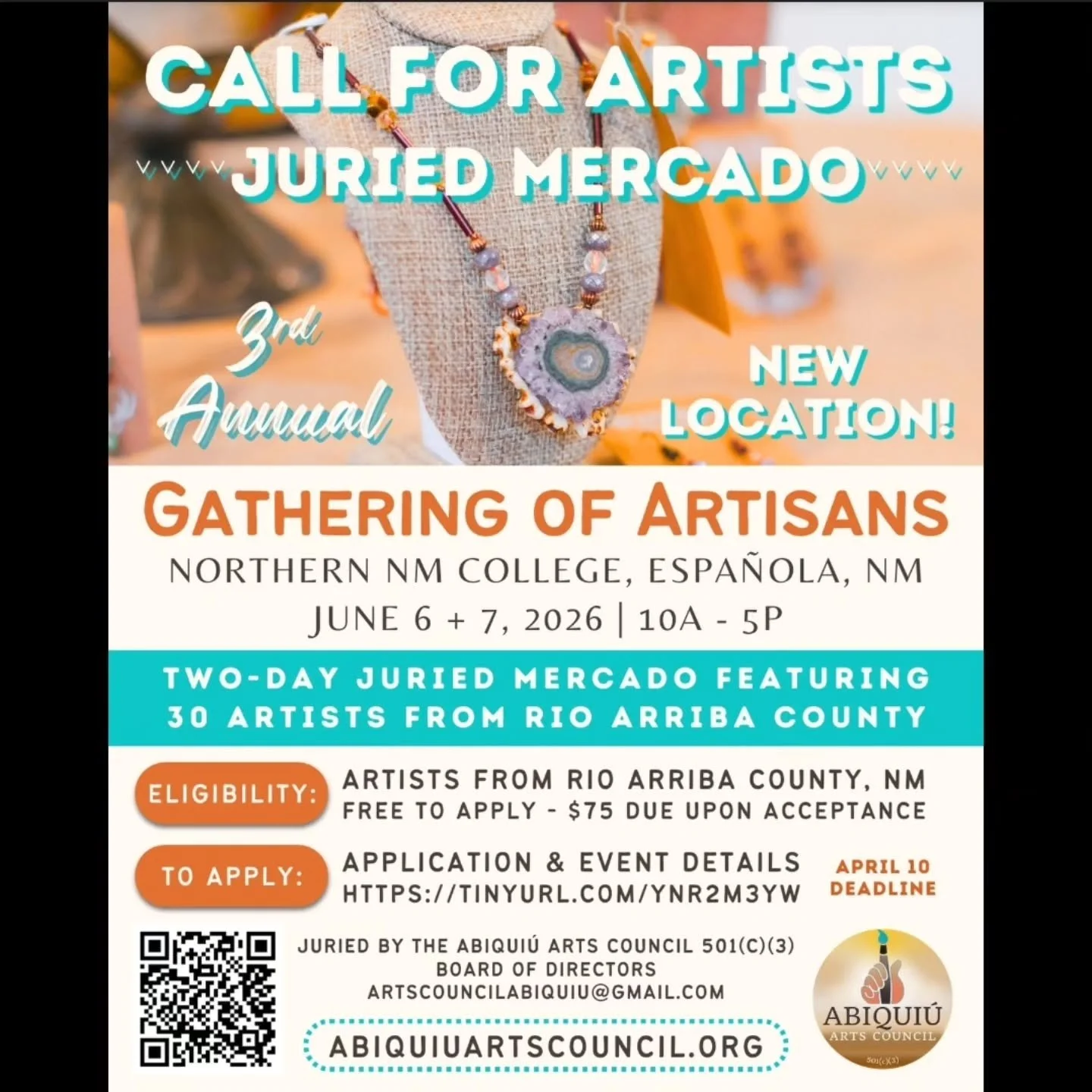 Get &bull; @abiquiuartscouncil Calling Rio Arriba County artists for the 3rd Annual Gathering of Artisans on June 6 + 7, 2026! Apply for jury consideration by April 10 - notified by April 17. Scan the QR code or visit our website at abiquiuartscounci