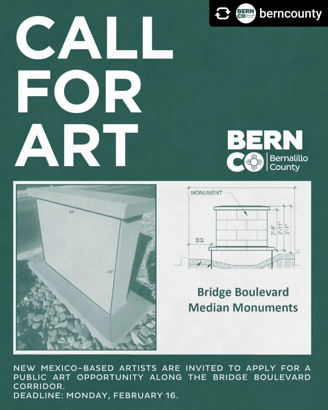 Repost &bull; @berncounty 📢 Calling artists across New Mexico! 

Through Monday, Feb 16, we're seeking artists for our outdoor mosaic Bridge Boulevard median monument public art project - a new public art opportunity along the Bridge Boulevard corri