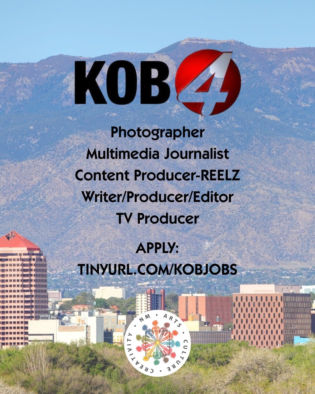 Attention NM Creatives! @kobtv4 is Hiring! 
Want to work in local media? There&rsquo;s a seat at the table for you.
🔗 Click below for the full list.
📍Be sure to type New Mexico into the Location Box!

Tag a friend who needs to see this! 👇

tinyurl