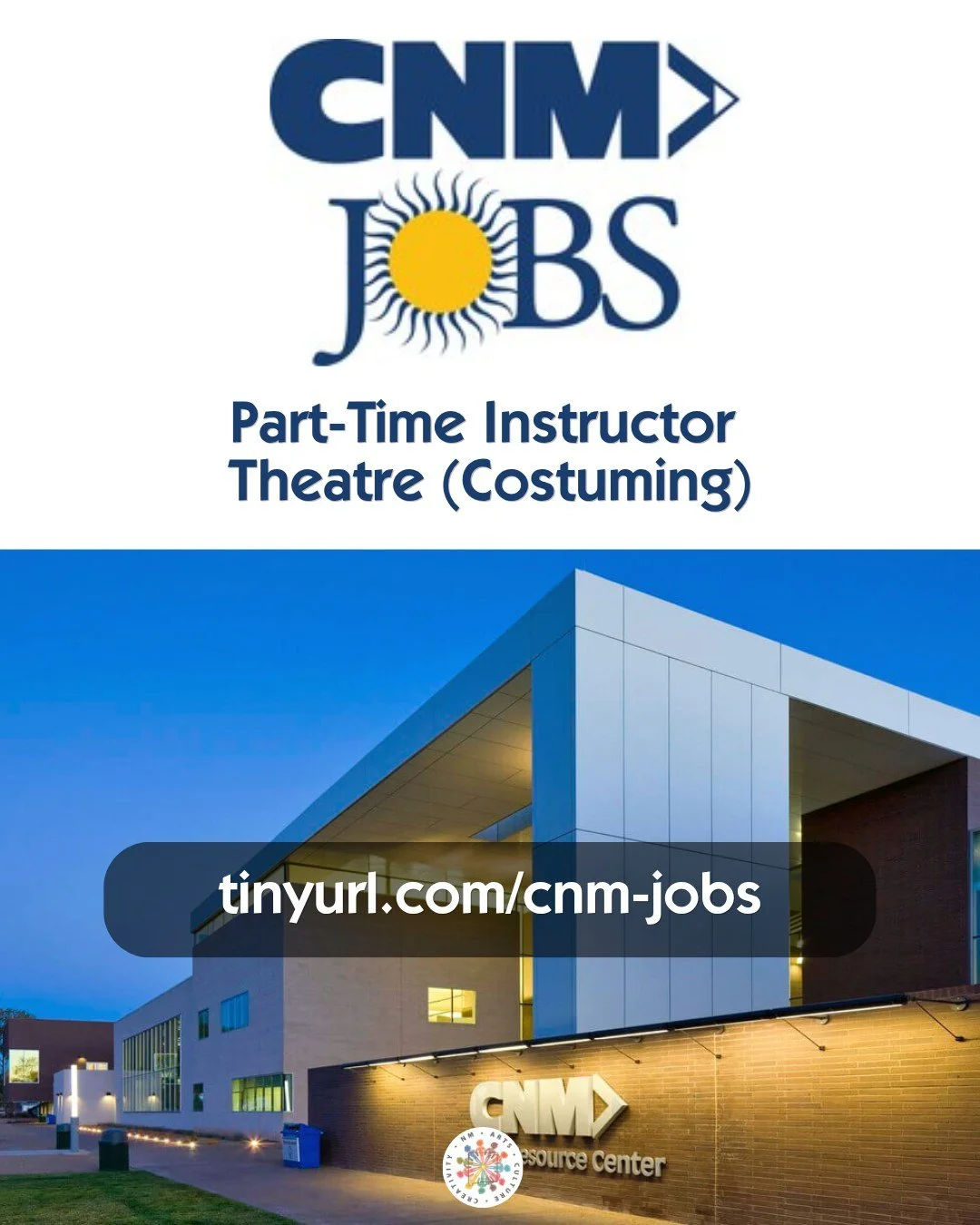 CNM Central New Mexico Community College is hiring! Compensation based on education and courses taught. 

Learn more and apply at: 

tinyurl.com/cnm-jobs

#parttimejobs #nmjobs #CreativeEconomy #nmcreativenetwork