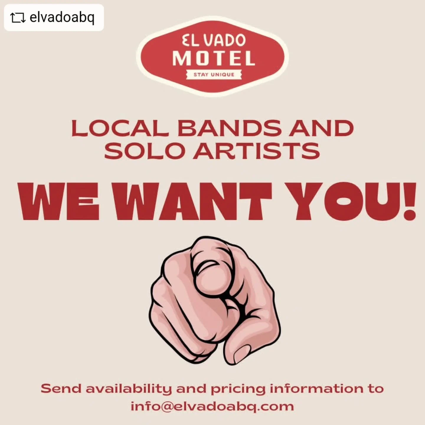 #REPOST @elvadoabq - Interested in joining our lineup for Friday &amp; Saturday Live Music at El Vado? 

WE WANT YOU! 🫵🏼 

Please send your inquiries to info@elvadoabq.com to include pricing and information about your musical performances. We&rsquo
