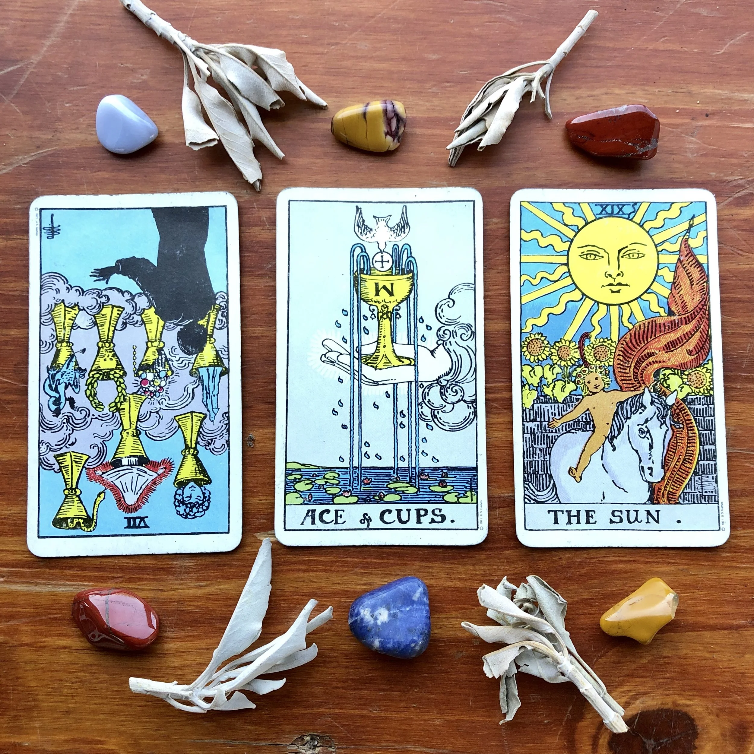 Rider Waite Smith Tarot Deck: VII of Cups, Ace of Cups, The Sun