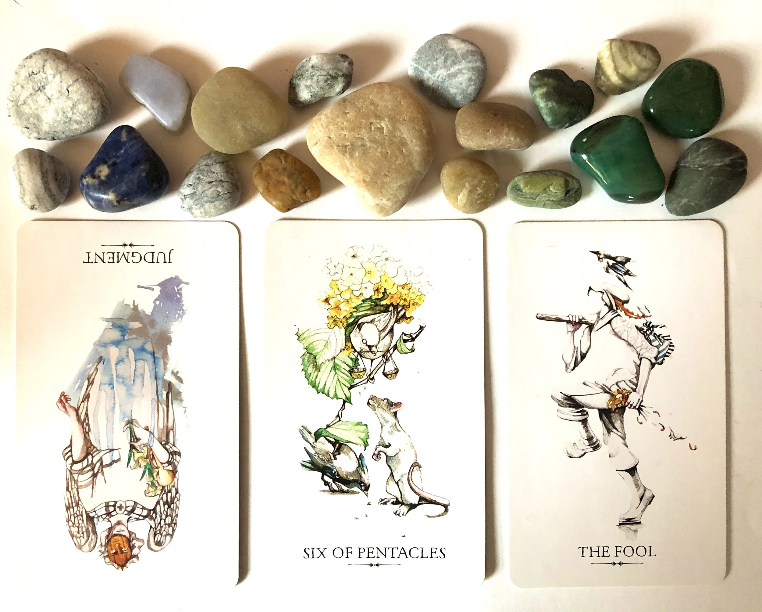 Linestrider Tarot:  Judgment reversed,   VI of Pentacles,   The Fool