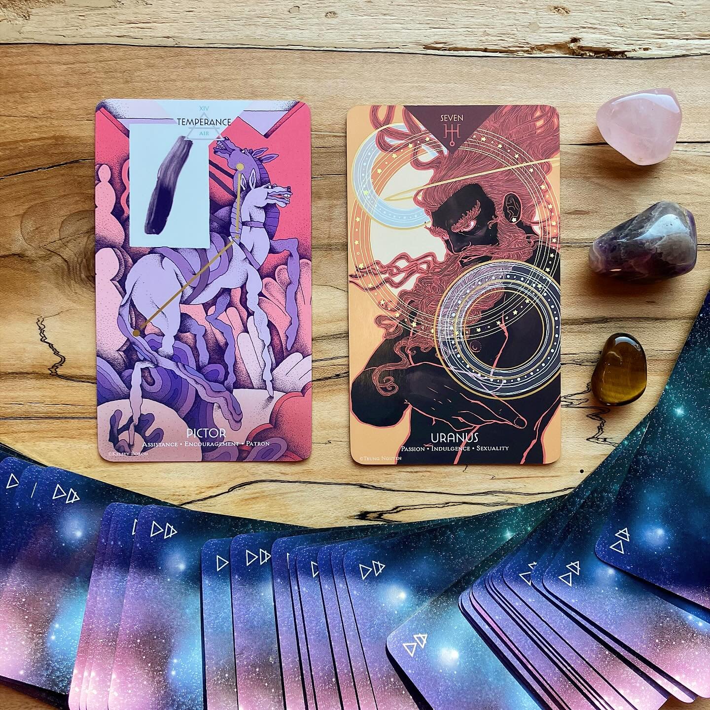 Ha! These silly horsies are getting a very stern look from an angry man. I find that in this deck, the Cosmos Tarot and Oracle deck, the card interpretations are non traditional so I can just make up whatever intuitively comes to me without precedent