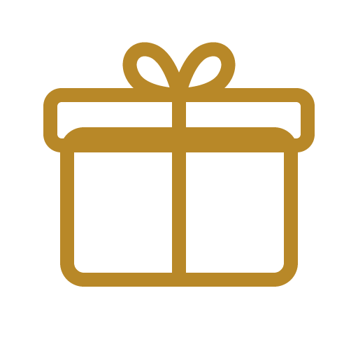 Gold outline drawing of a wrapped gift or present with a bow on top, representing digital gift cards.