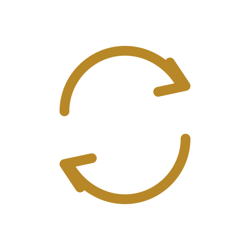 Two gold circular arrows forming a repeat or refresh symbol on a black background, representing keg returns.
