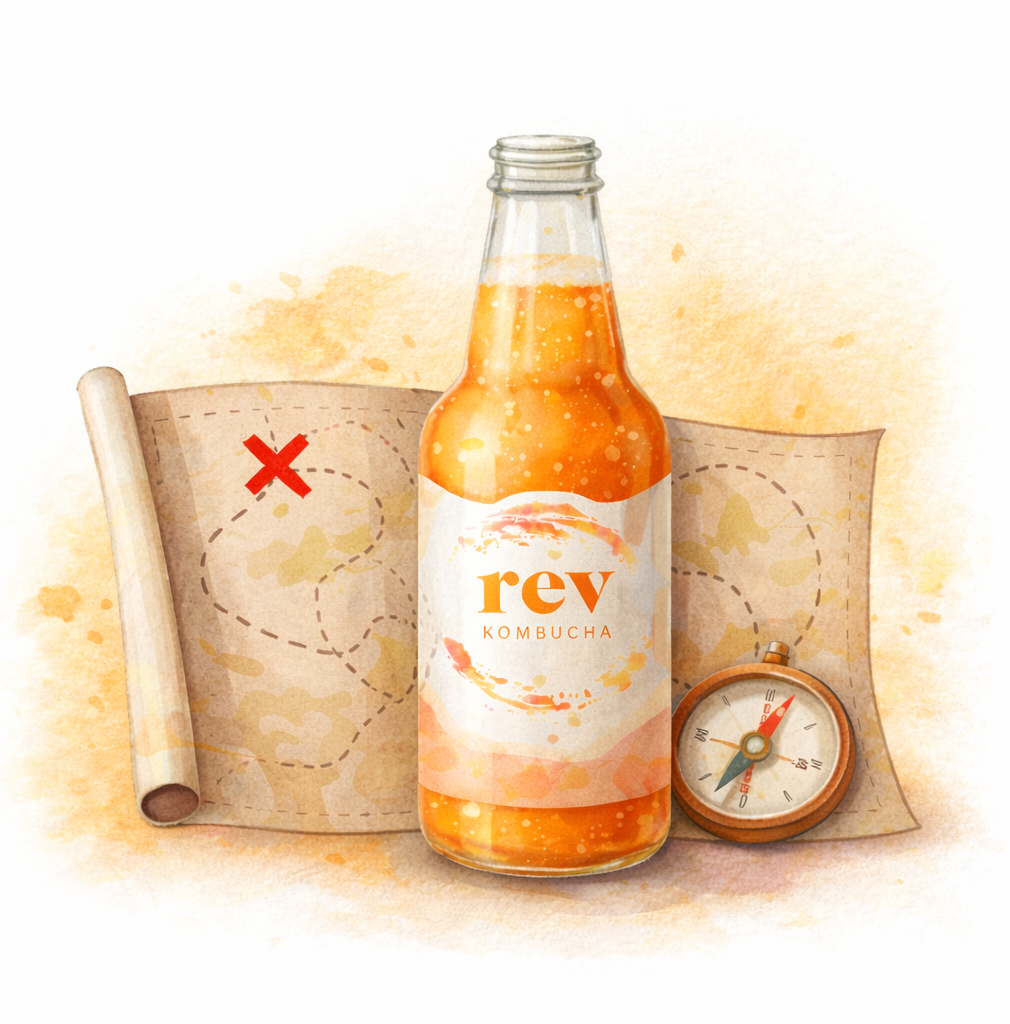 A watercolor illustration of a bottle labeled 'REV KOMBUCHA' placed in front of a treasure map with a red 'X' mark and a compass.