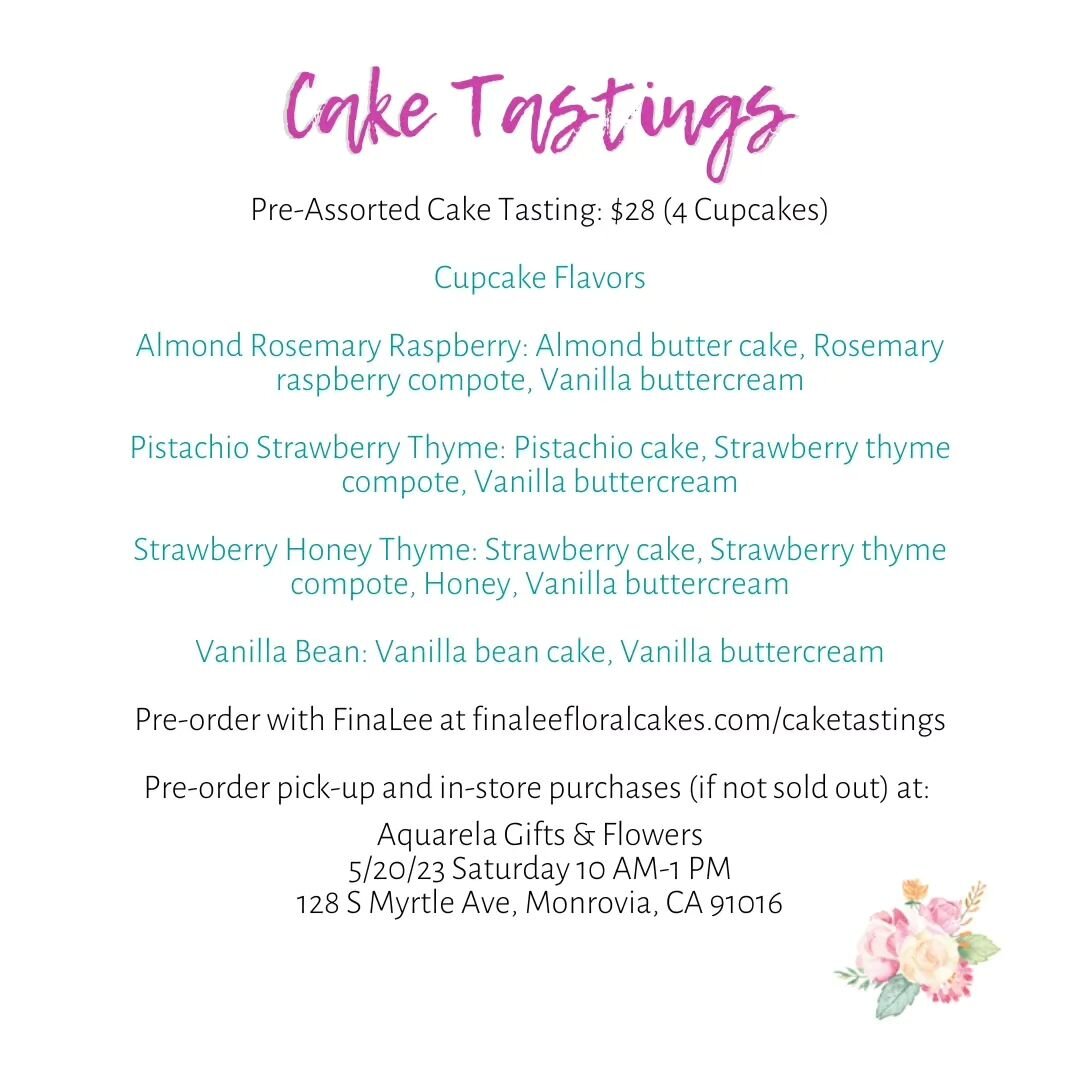 Don't forget our Pop-Up Cake Tasting is this Saturday 5/20 at @aquarela.gifts.flowers from 10AM - 1PM!
.
Pre-order is still available, check out our link in the bio!
.
Featured Cake Flavors
Almond Rosemary Raspberry
Pistachio Strawberry Thyme
Strawbe