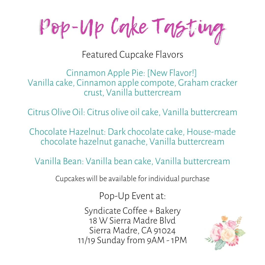 Can't wait to see you guys this Sunday!
.
We will be featuring the following cupcake flavors below 
.
Cinnamon Apple Pie: [New Flavor!] 
Vanilla cake, Cinnamon apple compote, Graham crackers crust, Vanilla buttercream

Citrus Olive Oil: Citrus olive 