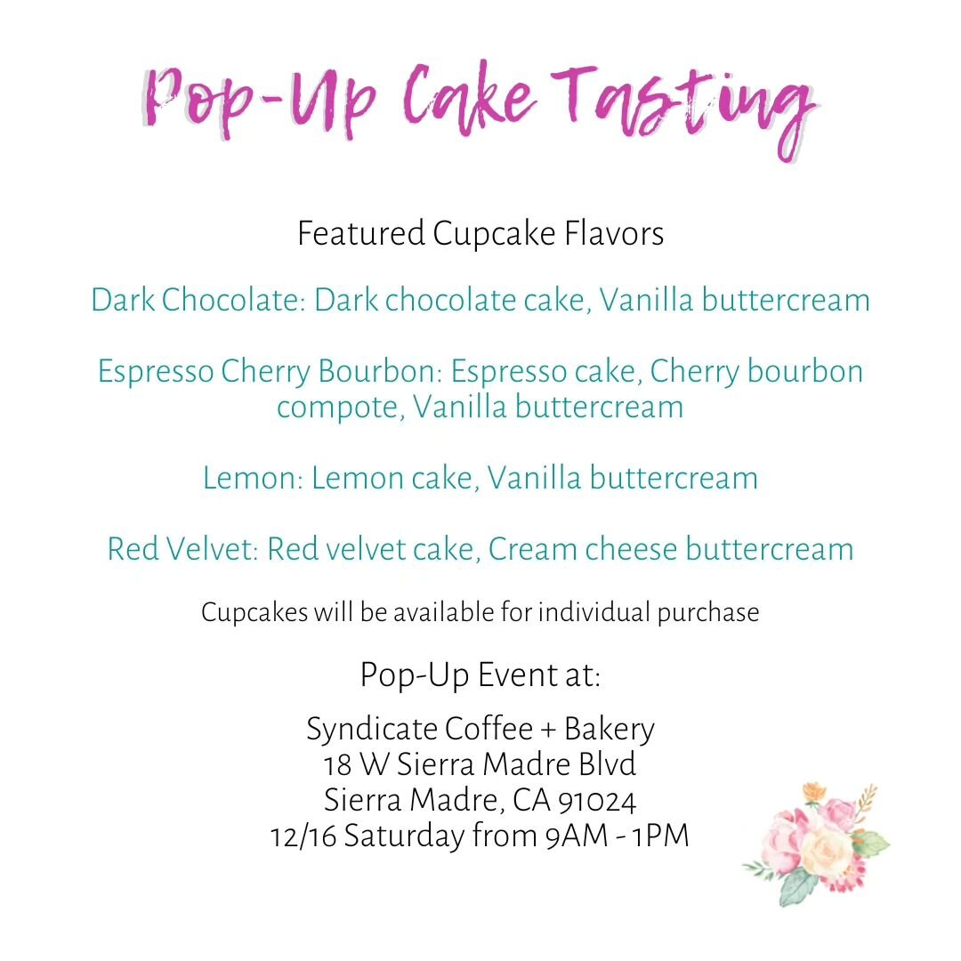 Our LAST Pop-Up Cake Tasting for 2023 will be next Saturday 12/16 at @syndicatecoffeebakery in Sierra Madre. 
We will be featuring the following cupcake flavors:
.
Dark Chocolate
Espresso Cherry Bourbon
Lemon
Red Velvet
.
.
.
.
.
.
.
#finaleefloralca