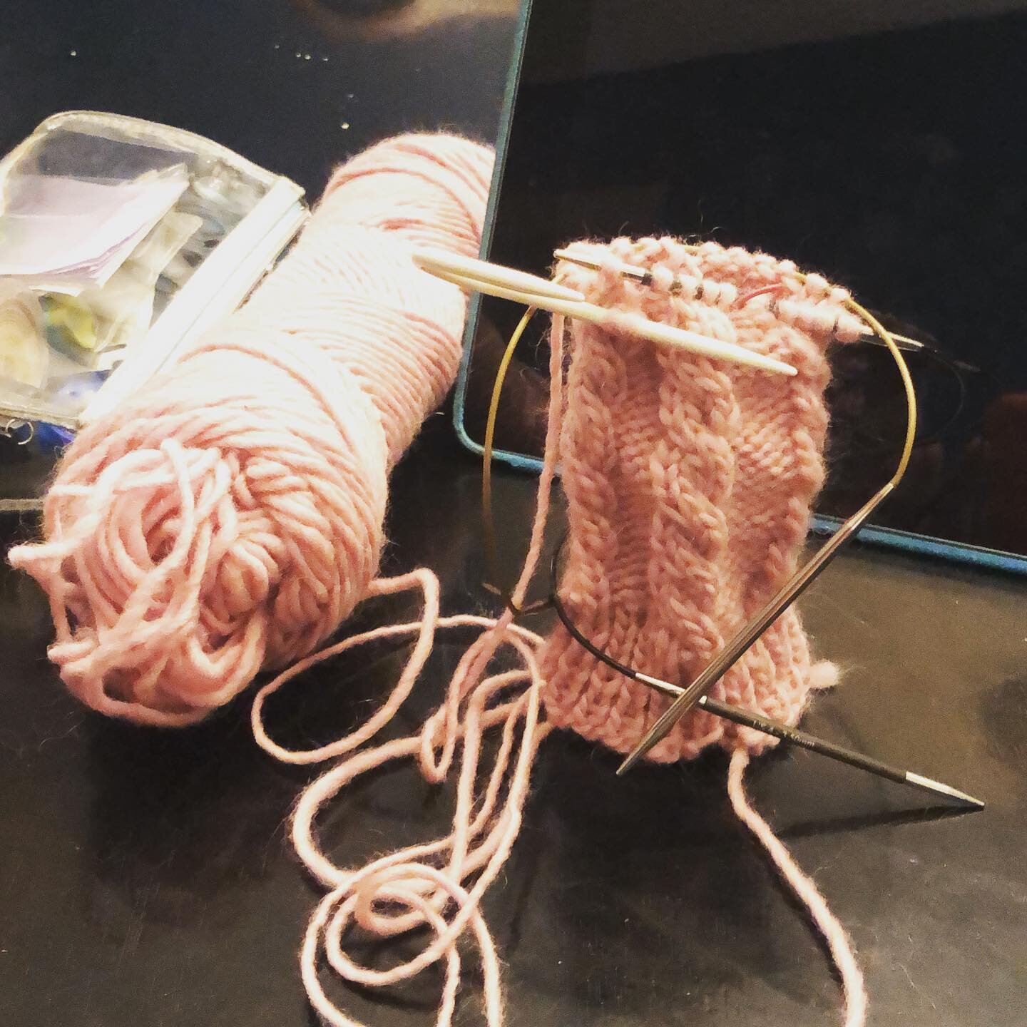 This is is not sitting in my comfortable leather chair knitting. This is elbows on the dining room table, decrease in the cables and pause the show I am watching I need all my brain knitting.