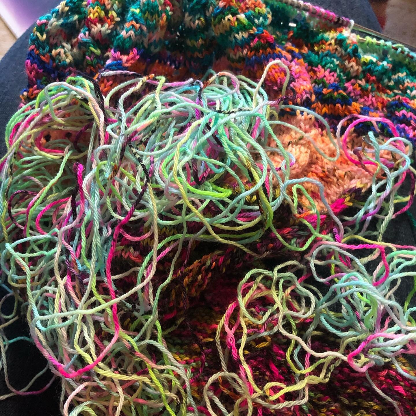 What do you get when you tink back 6 rows of a lace shawl?
A beautiful noodley pile of yarn!