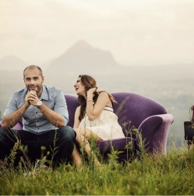 Happy Couple on Lavender sofa w Terry Klee