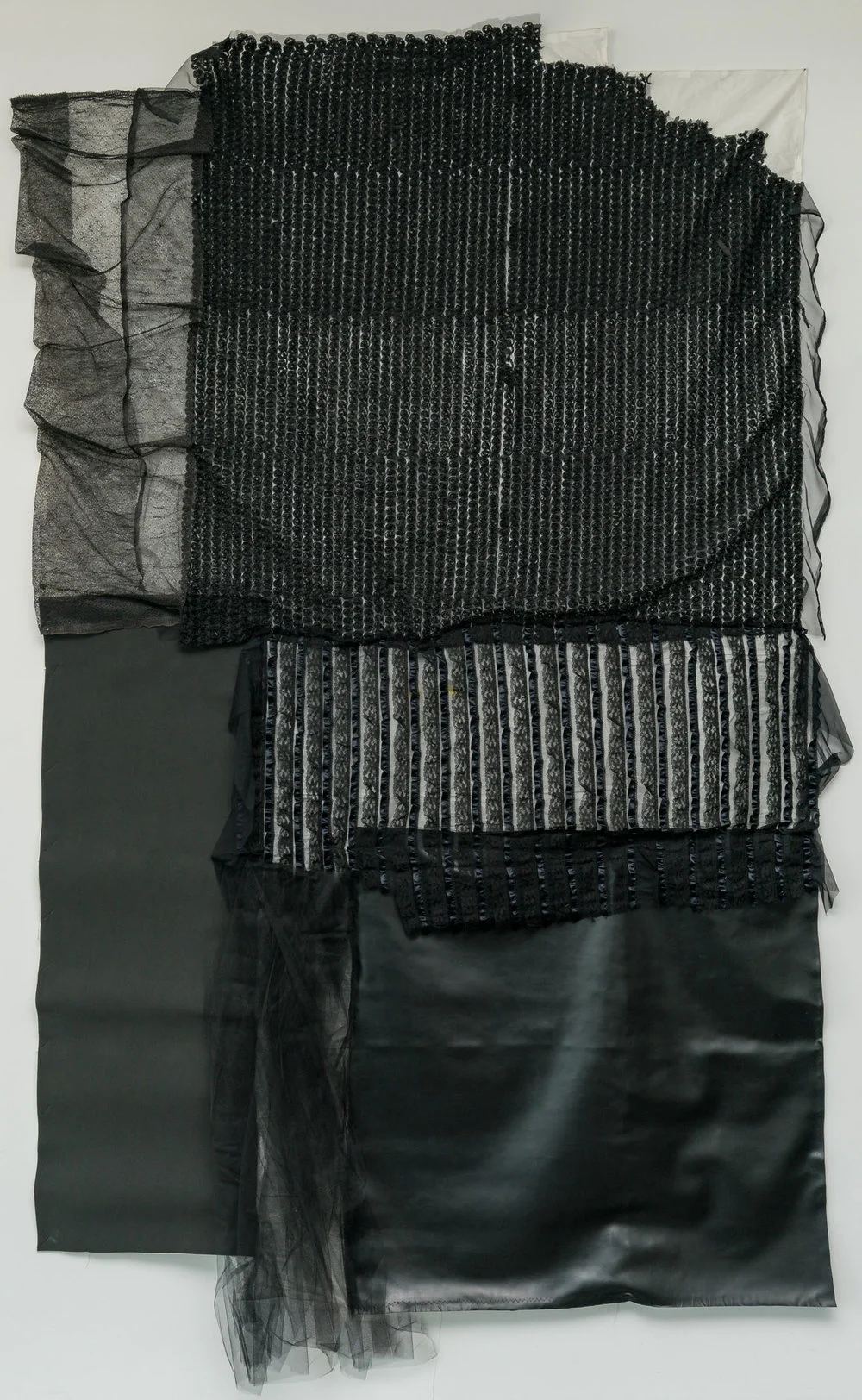 Fear Shock Pain Regret Distress Desperation Agony Relief Disbelief Joy Exhaustion, 104 x 64 inches leather, neoprene, chiffon, gauze, wool brocade, taffeta, cashmere, 2017