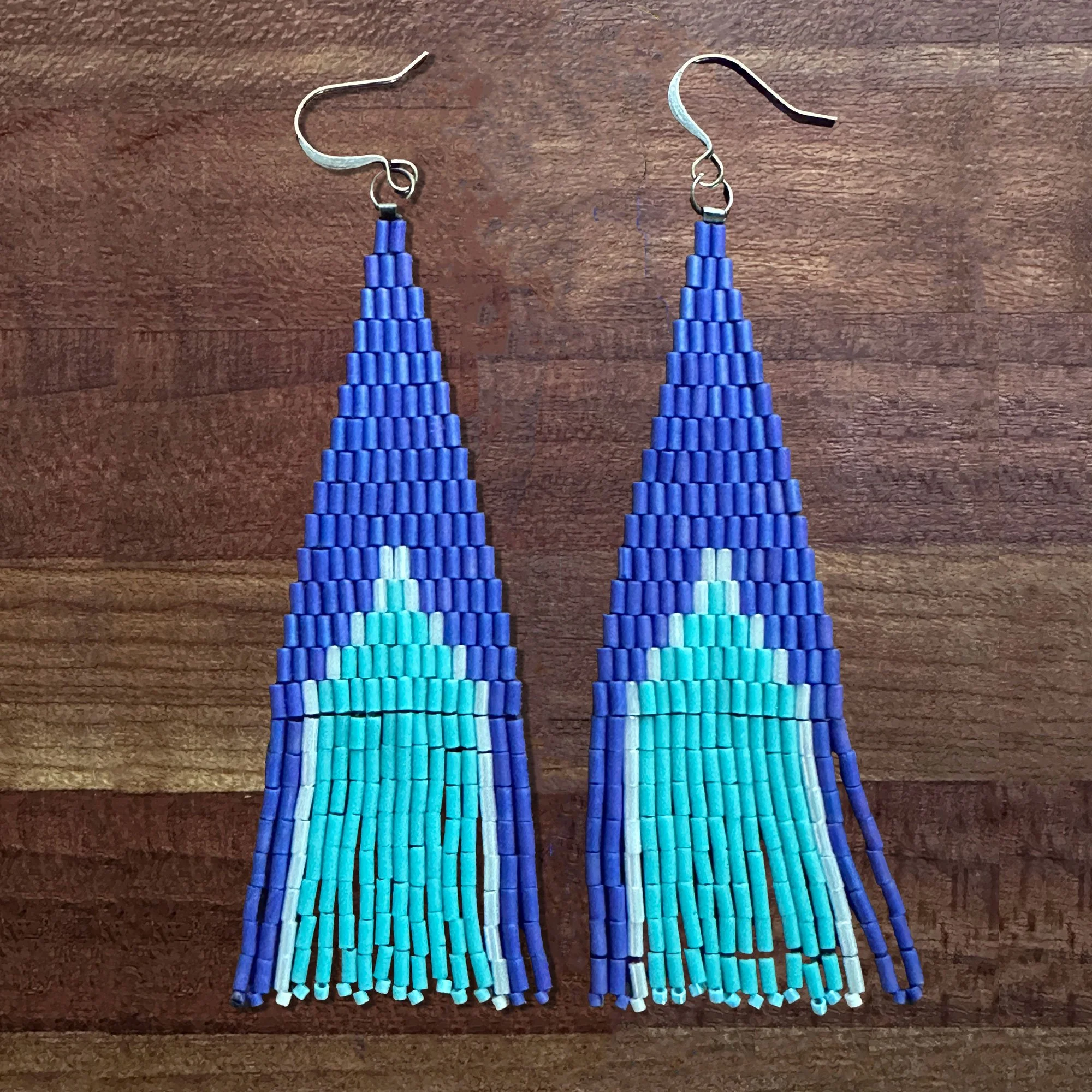 small glass bead woven earrings in ultramarine and turquoise blue colors