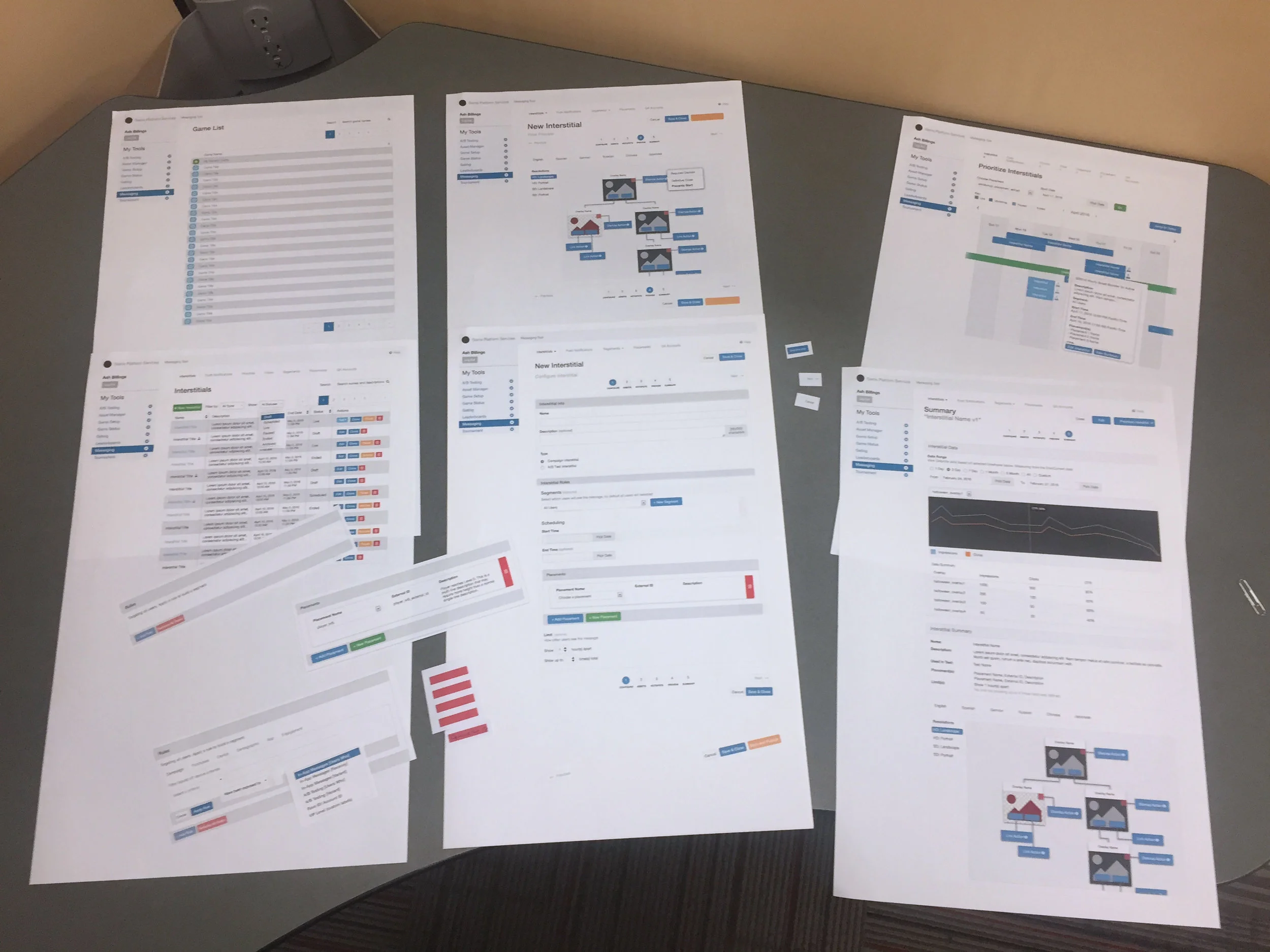 The original paper prototypes splayed out on a table. You can see some of the bits used to alter the page content depending on the form's state.