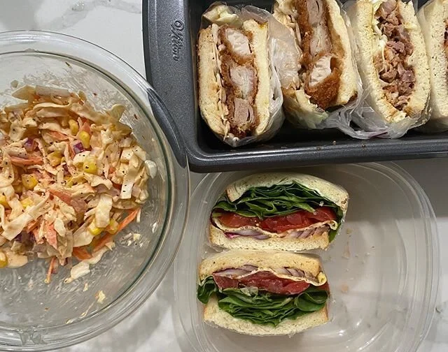 coleslaw, veggie, katsu, pulled pork sandos w homemade loaf