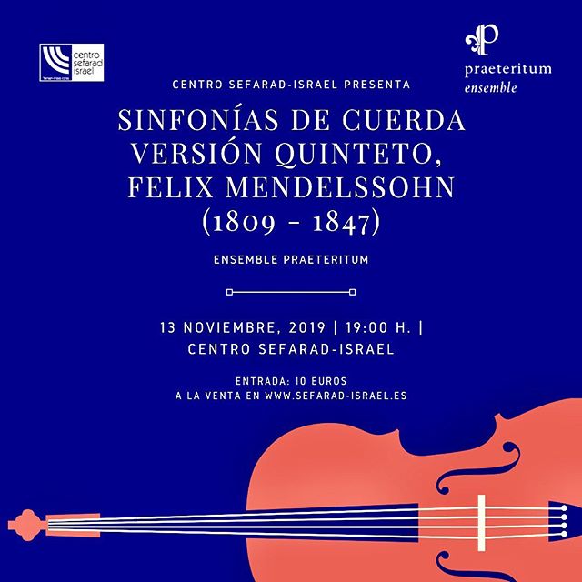 ✡️
Mendelssohn en @centrosefaradisrael
Quedan dos d&iacute;as!!!! 🥳
#madridcultura #madrid #madridcentro #plazadeoriente #sefarad #judios #musicosespa&ntilde;oles #viol&iacute;n #viola #violonchelo #contrabajo #cuarteto #mendelssohn #ociomadrid