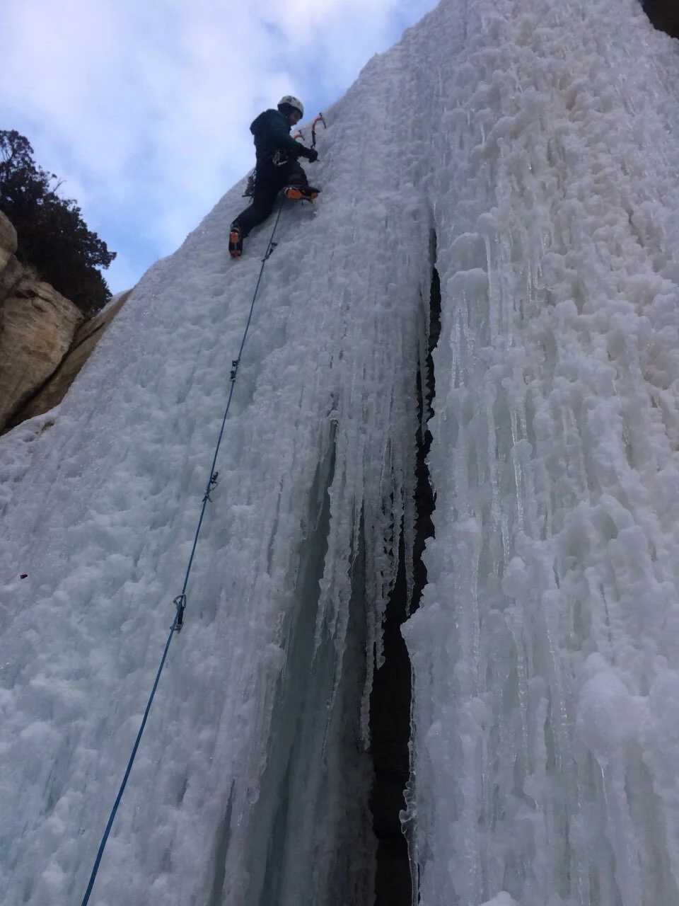As I gained physical and mental strength, I was able to lead many pitches of ice. As this was my first lead, I was very eager to “sew it up” putting my protection very close together to stay safe.