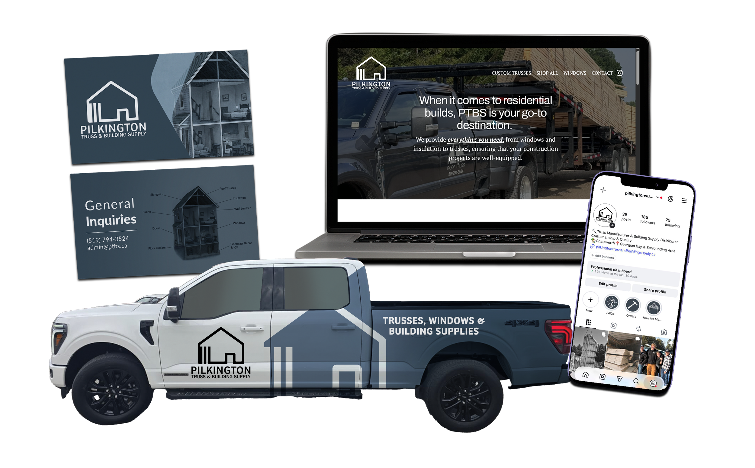 A digital collage of promotional materials for Pilkington Truss & Building Supply. It includes a white pickup truck with the company's logo,  the company's website, a smartphone with their social media page, and printed flyers and signs featuring building supplies and contact information.