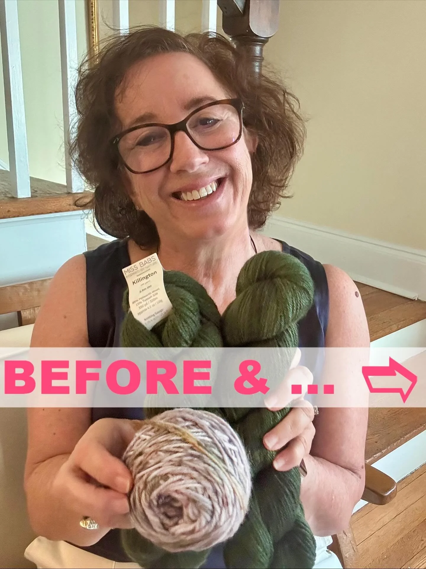 BEFORE &amp; AFTER... In full-on sweata' weatha' mode, Wendy's ready to go deep sea fishing or sip a coffee in a cafe wearing her spectacular Halibut designed by Caitlin Hunter in Miss Babs' Killington, a glorious silk/merino blend.

Halibut in shop 
