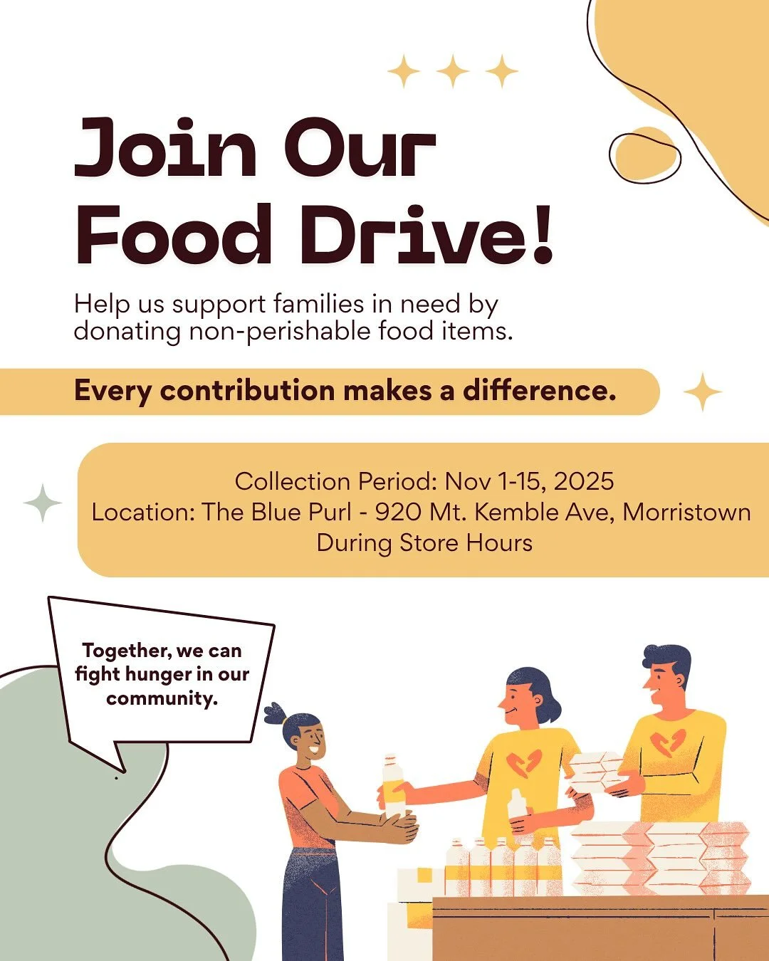 Please join us in helping families in need by donating non-perishable food items!  Food drive will run from Saturday, Nov 1-15.  Items can be dropped off at The Blue Purl during store hours.  Thank you much 🙏