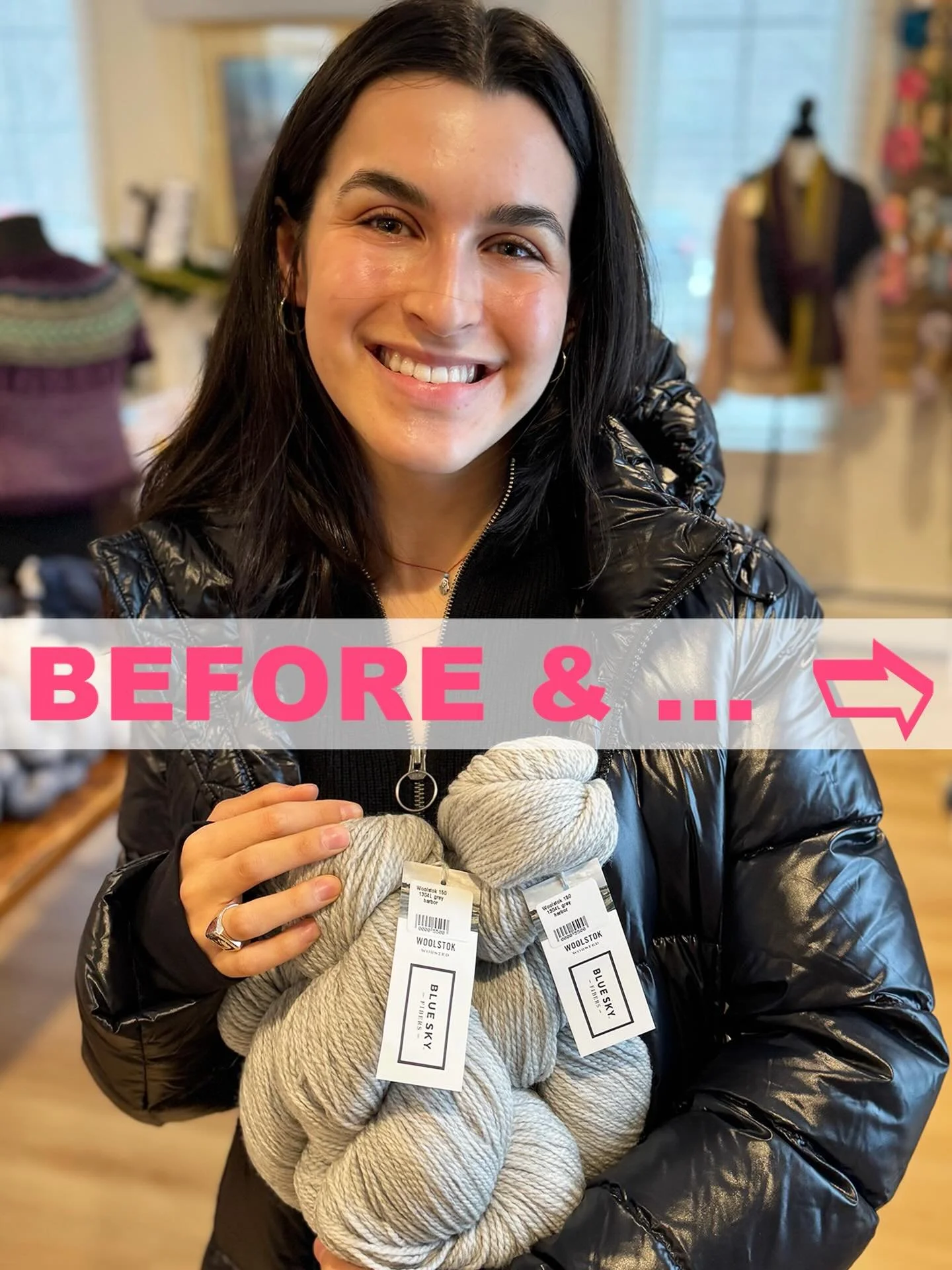 BEFORE &amp; AFTER... Recently, Gillian @gilllianrae visited us in Harding. 

Since we saw her last, she knit up a storm with lovely worsted weight, Blue Sky's Woolstok.

For herself, she made Alice Hoyle's Upstream Sweater (knit with a beautifully t