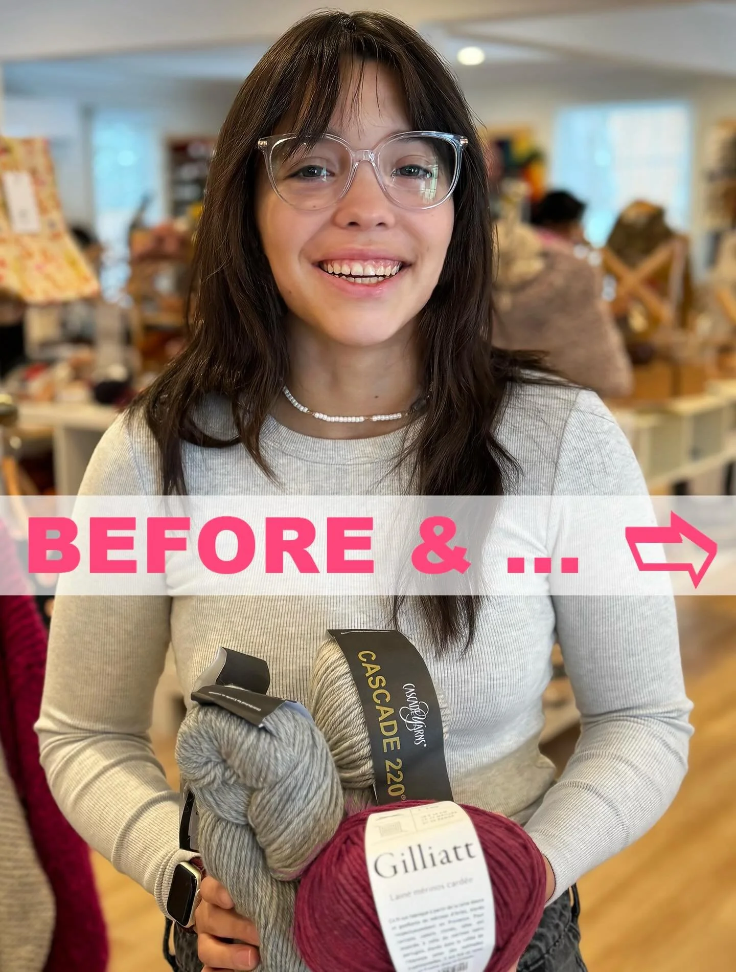 BEFORE &amp; AFTER... Superstar Sam stopped by the shop wearing her very first crochet sweater. 

�For this pullover, her fibers of choice were oo-la-la DeReRum Natura's Gilliatt and tried-n-true Cascade 220. This worsted weight, beginner friendly pa