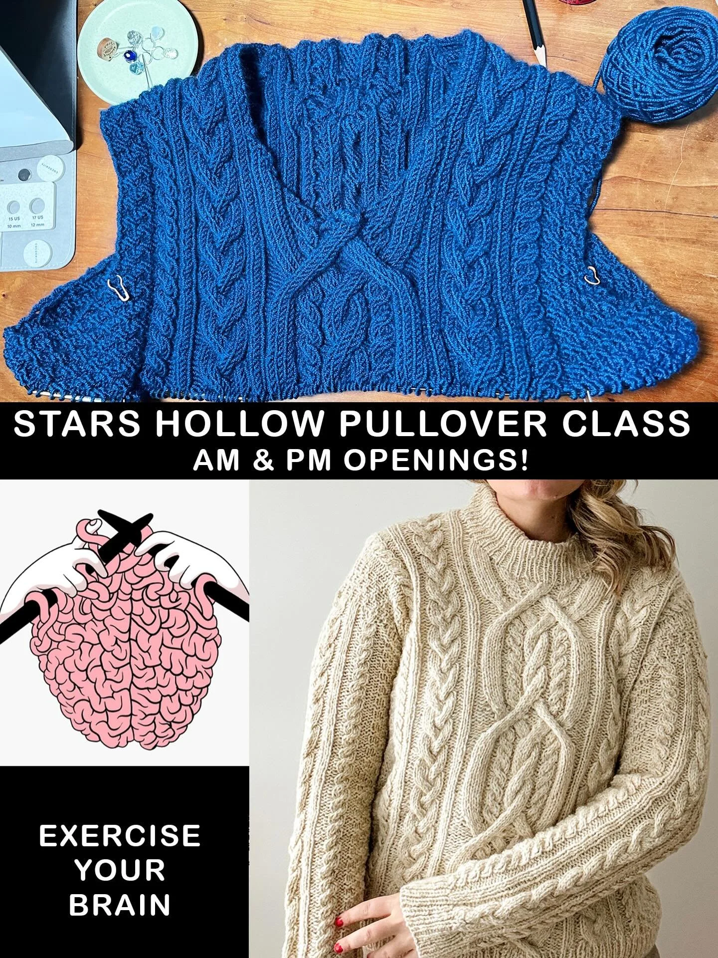 Get that brain going!  Come take a class.  The Stars Hollow pullover by #sarinordlund is a good workout.  Tam will take you step by step through the intricate cables and charts to make this gorgeous pullover.
YES YOU CAN!  Join us:) 6 Wednesday morni