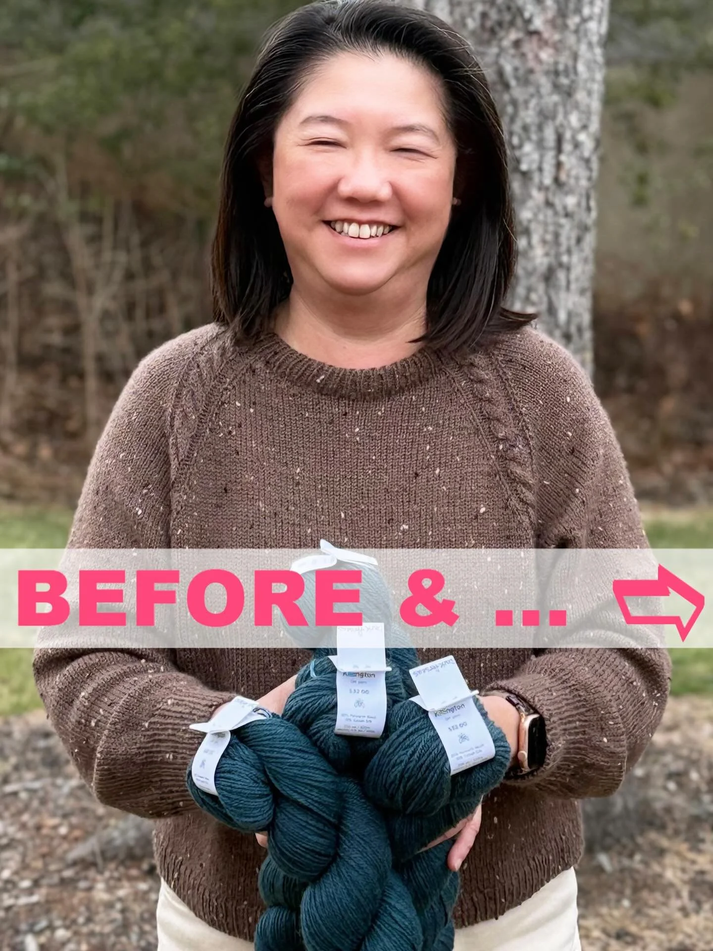 BEFORE &amp; AFTER... The Bergamot pullover pattern by Andrea Gaughan @andrea.gaughan.knits will be released tomorrow. 

Tam finally made a sweater for her husband as part of the  test knit.  Knit in DK weight yarn (she used Miss Bab&rsquo;s Killingt