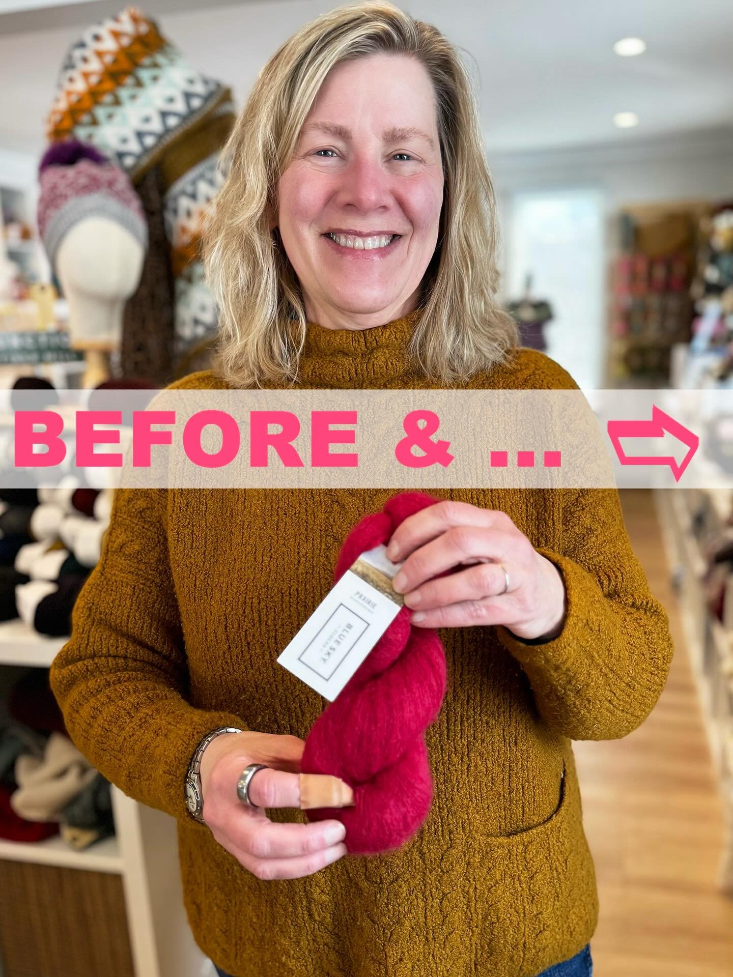 BEFORE &amp; AFTER... Joo Sweater Light (designed by November Knits) is Karen's latest pick-me-up in Blue Sky's Prairie, a plush, brushed Suri alpaca.

Who wouldn't love a relaxed silhouette in a deep red?

Indeed, a smile provoker if ever there was.