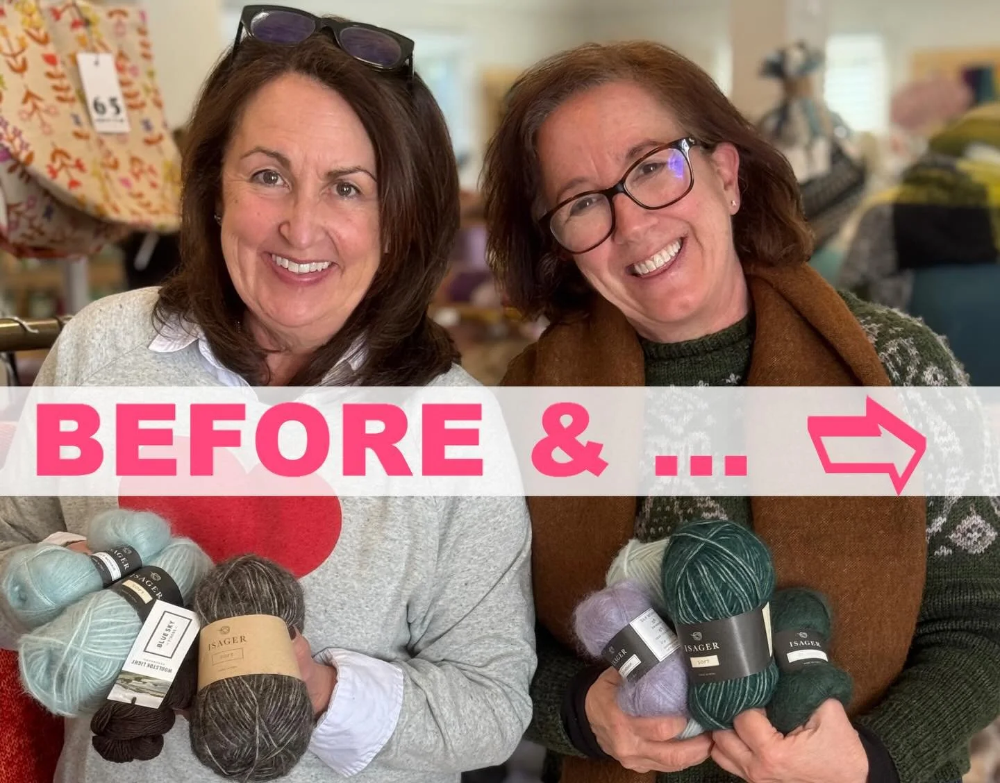 BEFORE &amp; AFTER... We are big fans of self-directed laughter at The Blue Purl :)

Our very own TBP, vertically-challenged, runway covergals, Michelle and Wendy strike a familiar pose in their Nordic Bloom Vests designed by Caitlin Hunter @ Boyland